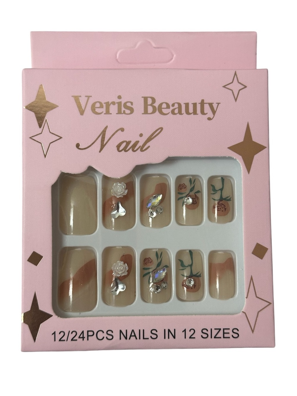 Veris Beauty Floral Press-On Nails 24 Pc Nude Rose Rhinestone 3D Flower